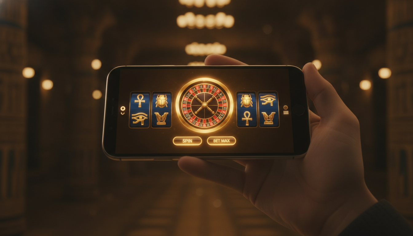 Smartphone che mostra l'app di un casinò online con roulette e slot su sfondo dorato in stile egizio