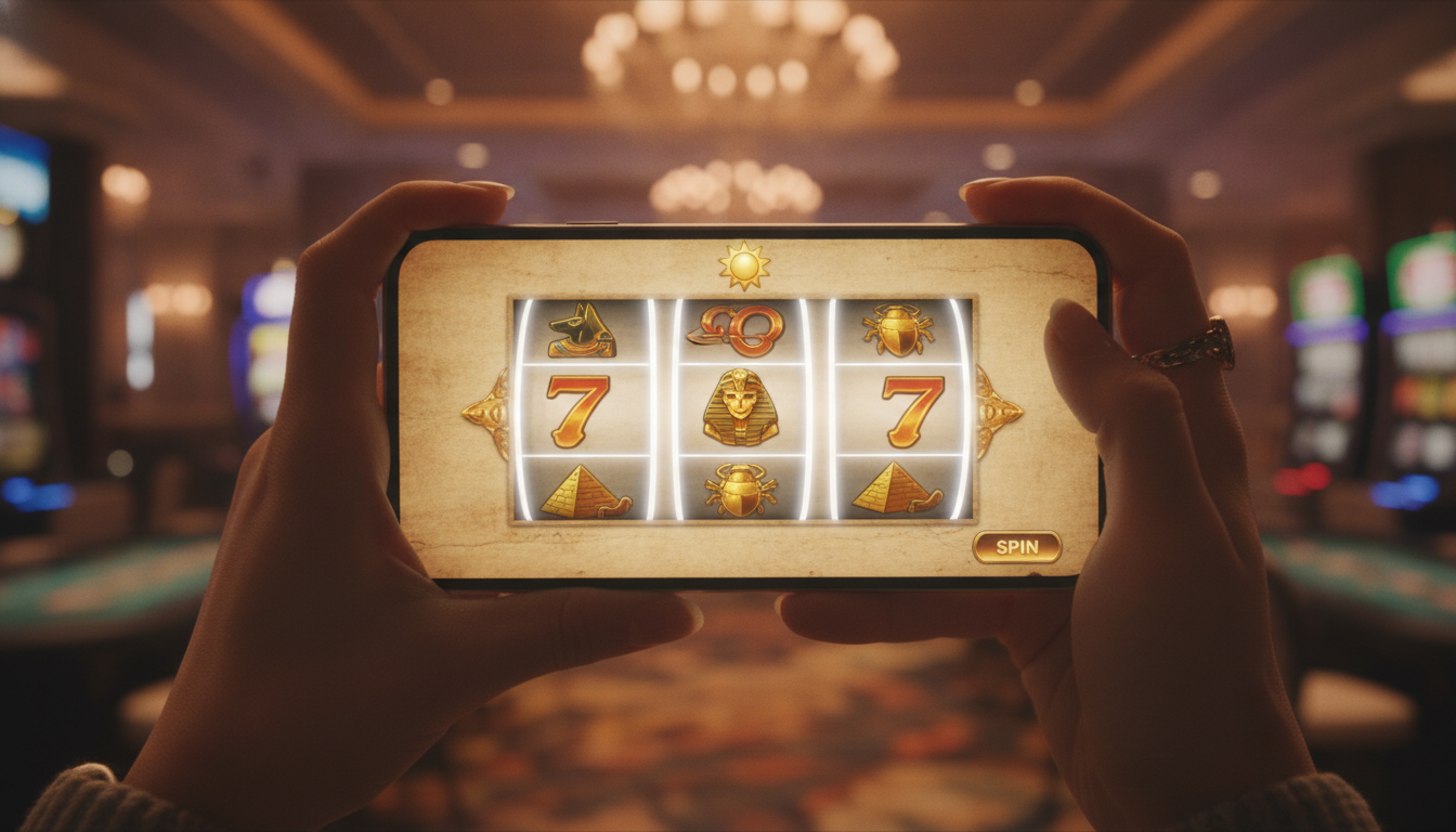 Primo piano di mani che tengono uno smartphone con una slot machine in tema egizio con simboli dorati