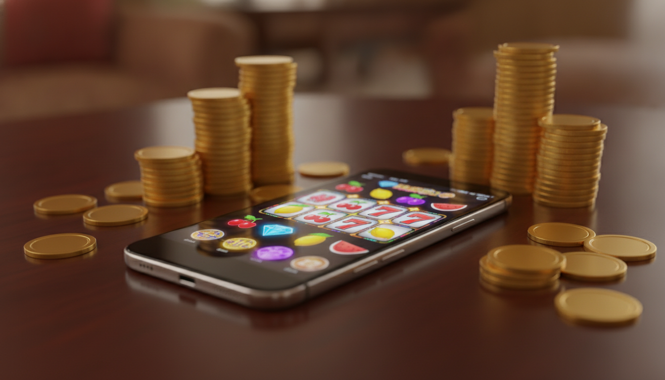 Smartphone che mostra una slot di AmunRa Casino con fiche e monete d'oro