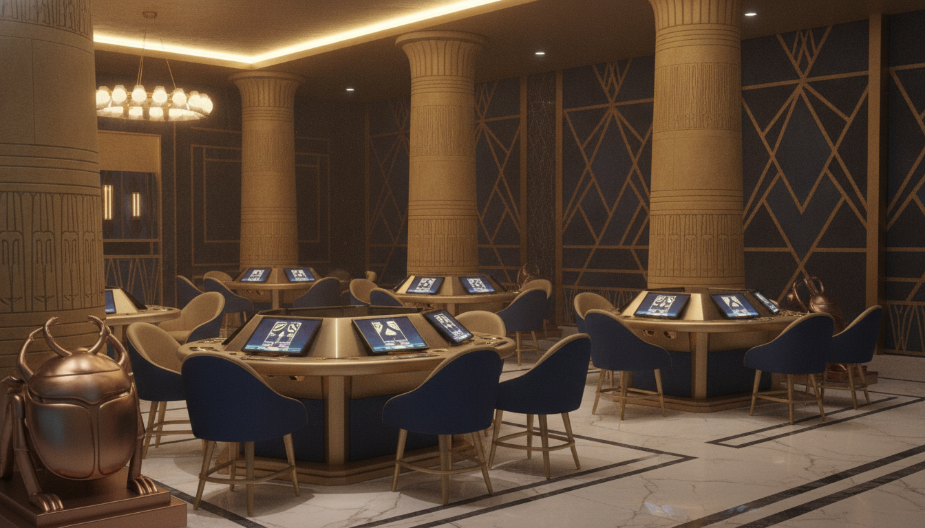 Interno elegante di un casinò online a tema egizio con tavoli da gioco dorati