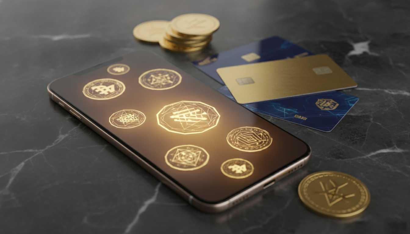 Smartphone con simboli di criptovalute e carte di pagamento su superficie premium