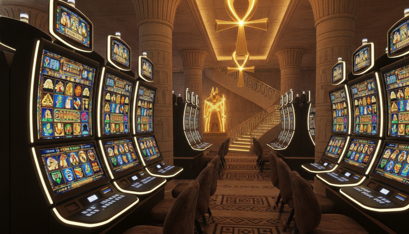 Sala slot in stile casinò premium con tema egizio dorato