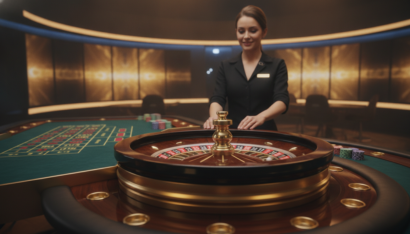 Tavolo di roulette dal vivo con croupier in uno studio di casinò elegante