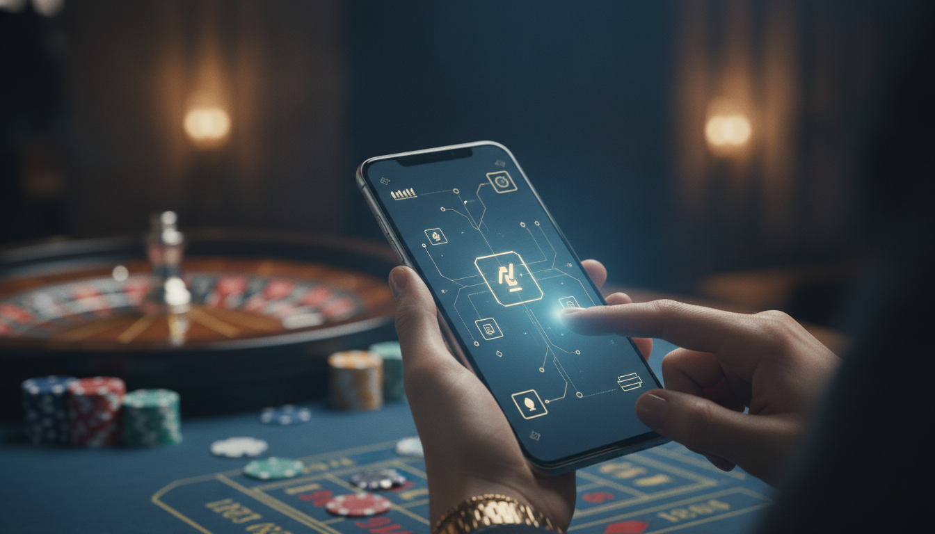 Giocatore che completa un prelievo veloce su smartphone in un ambiente da casinò premium