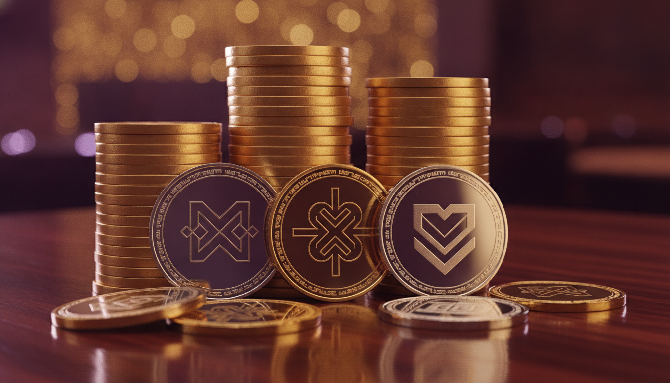 Chip da casinò dorati e monete crypto che simboleggiano un incasso rapido e sicuro